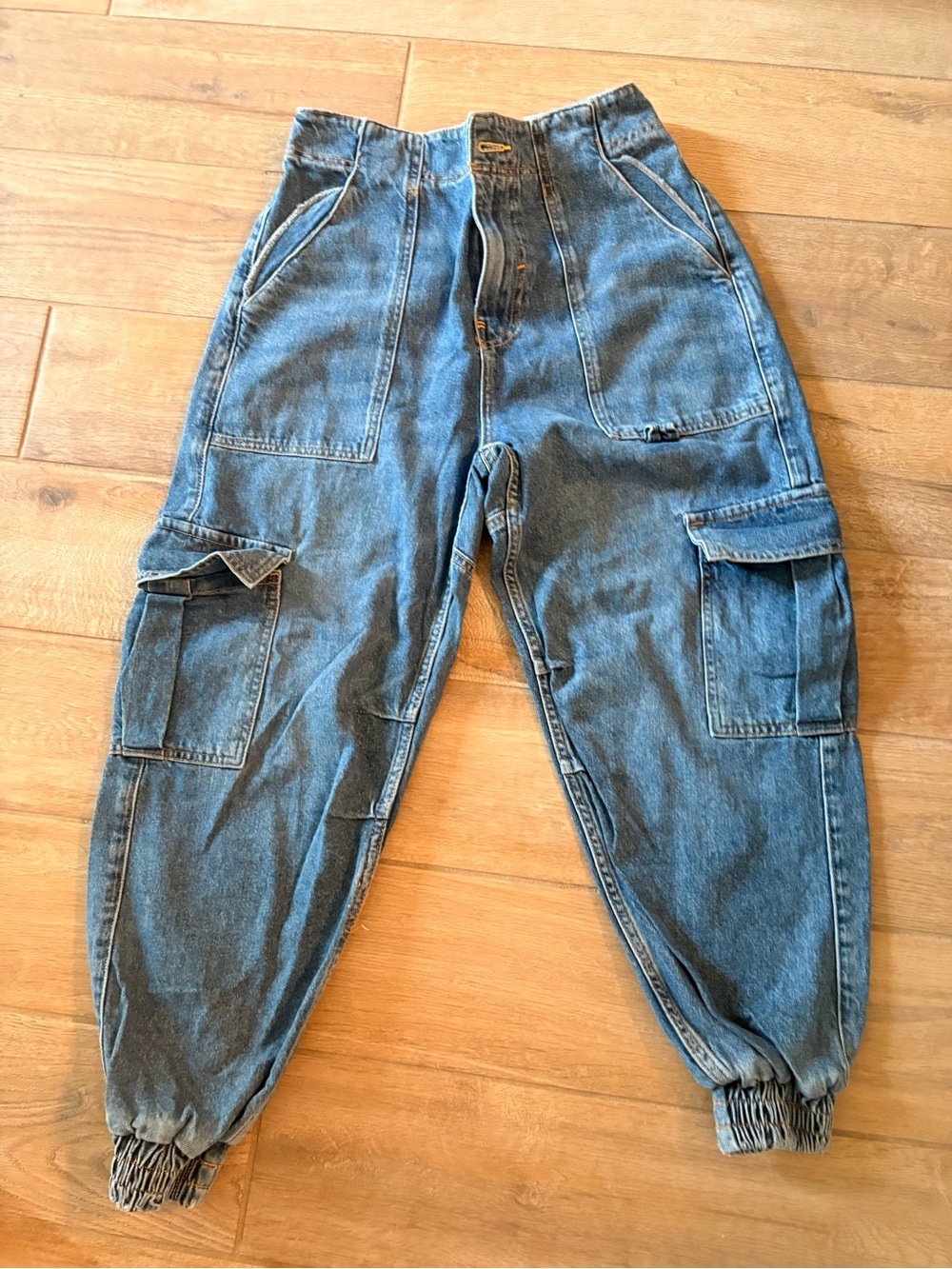 River Island Denim Cargo Jogger Jeans US 8 S High Rise Utility Balloon Leg